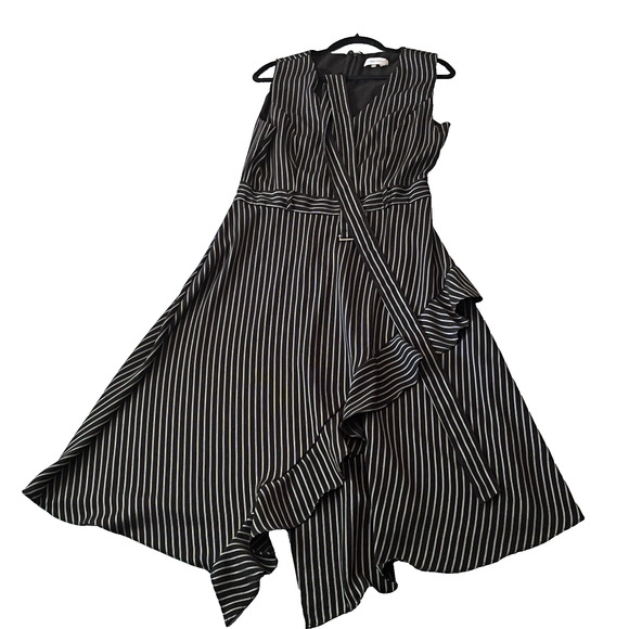 Calvin Klein Midi Dress SZ 10 Striped  Coquette Ruffle Asymmetrical Party Career - Picture 1 of 14